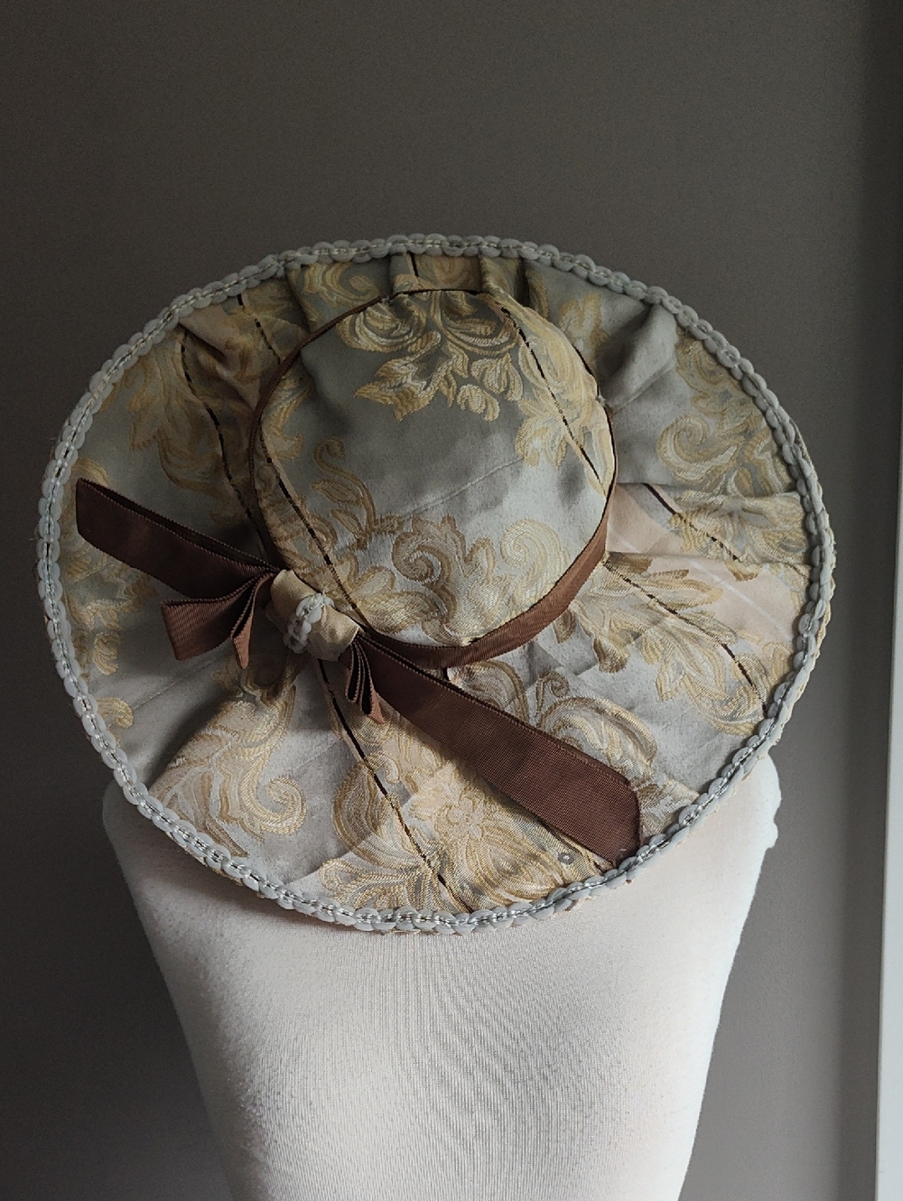Wide-Brim Vintage Hat with Gray Gold Brocade And Brown Ribbon Accent
